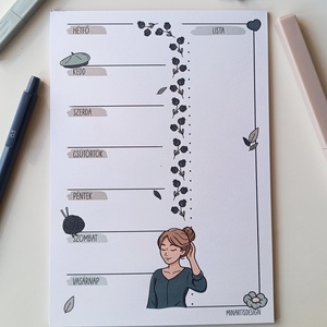 Heti tervező tömb - kék gombolyagos csajos, Otthon & Életmód, Papír, írószer, Jegyzetfüzet & Napló, Fotó, grafika, rajz, illusztráció, MESKA