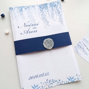 Esküvői meghívó hajtott, kék levél virágos - esküvő - meghívó & kártya - meghívó - Meska.hu