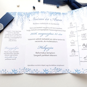 Esküvői meghívó hajtott, kék levél virágos, Esküvő, Meghívó & Kártya, Meghívó, Papírművészet, MESKA