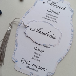 Esküvői menü kártya vintage kék virágos forma vágott - esküvő - meghívó & kártya - menü - Meska.hu