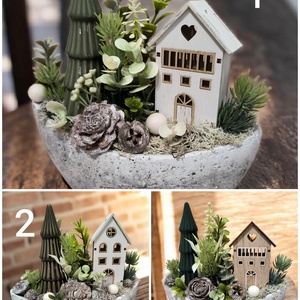 Téli hangulatú asztaldísz kő kaspóban , Otthon & Életmód, Dekoráció, Asztal és polc dekoráció, Asztaldísz, Virágkötés, MESKA