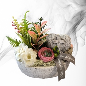 Kegyeleti sírdísz ovális kő kaspóban, Otthon & Életmód, Vallás, Temetkezési tárgy, Sírdísz, kegyeleti dísz, Virágkötés, MESKA