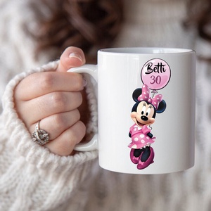 Egyedi bögre Minnie egérrel, lufival, saját névvel, tetszőleges számmal, vagy anélkül - Meska.hu