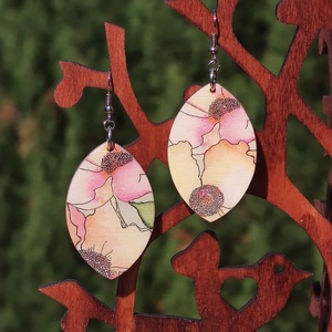 Nyári pink  decoupage fa fülbevaló - ékszer - fülbevaló - lógó csepp fülbevaló - Meska.hu