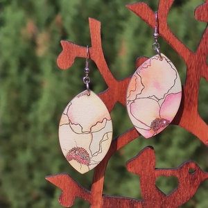 Nyári pink  decoupage fa fülbevaló - ékszer - fülbevaló - lógó csepp fülbevaló - Meska.hu