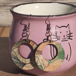 Fa fülbevaló Ginkgo mintával, Ékszer, Fülbevaló, Lógós kerek fülbevaló, Famegmunkálás, Ékszerkészítés, MESKA