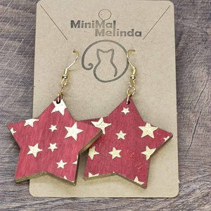 Karácsonyi fülbevaló - fából, csillagokkal - ékszer - fülbevaló - lógós kerek fülbevaló - Meska.hu