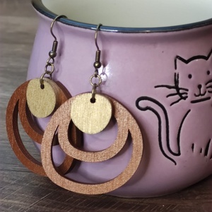 Kétszínű fa fülbevaló - réz+arany, Ékszer, Fülbevaló, Lógó fülbevaló, Famegmunkálás, MESKA