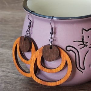 Kétszínű fa fülbevaló - narancs+barna, Ékszer, Fülbevaló, Lógó fülbevaló, Famegmunkálás, MESKA