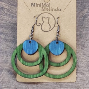 Kétszínű fa fülbevaló - zöld+kék, Ékszer, Fülbevaló, Lógó fülbevaló, Famegmunkálás, MESKA