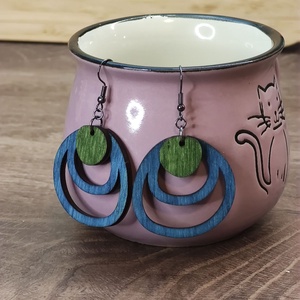 Kétszínű fa fülbevaló - kék+zöld, Ékszer, Fülbevaló, Lógó fülbevaló, Famegmunkálás, MESKA