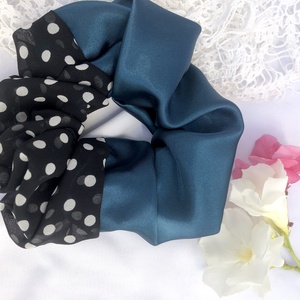 Mixelt scrunchie hajgumi, L -  türkiz és pöttyös - Meska.hu