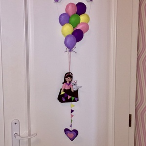 Kislány cicával,léggömbökkel nnévtábla, babaszoba dekoráció, ajtódísz  - Meska.hu