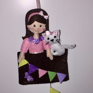 Kislány cicával,léggömbökkel nnévtábla, babaszoba dekoráció, ajtódísz  - otthon & életmód - babaszoba, gyerekszoba - gyerek névtábla - Meska.hu