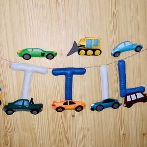 Autós betű,betűfüzér,girland, filc névtábla gyerekeknek, babaszoba dekoráció, Otthon & Életmód, Dekoráció, Fali és függő dekoráció, Betű & Név, Mindenmás, Varrás, MESKA