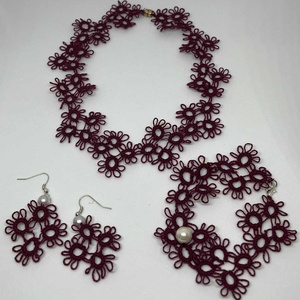 Bordó csipke szett - nyaklánc, karkötő, fülbevaló, Ékszer, Ékszerszett, Csipkekészítés, MESKA