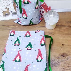 textil mikulás zsák-ajándék átadó zsák manó mintával - karácsony - mikulás - mikulás zsák - Meska.hu