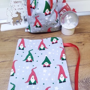 textil mikulás zsák-ajándék átadó zsák manó mintával - karácsony - mikulás - mikulás zsák - Meska.hu