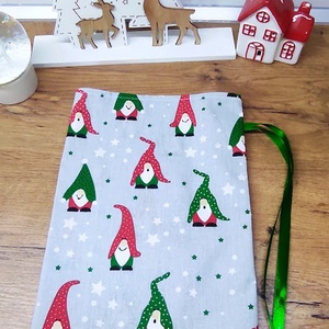 textil mikulás zsák-ajándék átadó zsák manó mintával  - karácsony - mikulás - mikulás zsák - Meska.hu