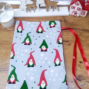 textil mikulás zsák-ajándék átadó zsák manó mintával  - karácsony - mikulás - mikulás zsák - Meska.hu