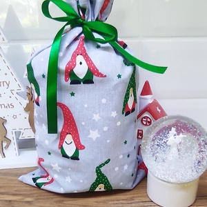 textil mikulás zsák-ajándék átadó zsák manó mintával  - karácsony - mikulás - mikulás zsák - Meska.hu