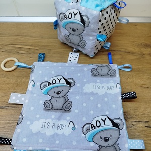 Maci mintás  címkerongyi+puha csörgő címkekocka szett, Játék & Sport, 3 éves kor alattiaknak, Babakocka, Varrás, MESKA