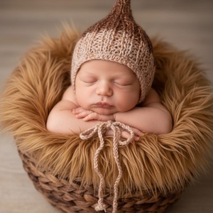 Bézs-barna kötött újszülött sapka megkötővel, Baba - mama, Babafotózás, Újszülött sapka fotózásra, Kötés, Kézzel készített, különleges bézs-barna árnyalatú kötött újszülött sapka, amely természetes, meleg ..., MESKA