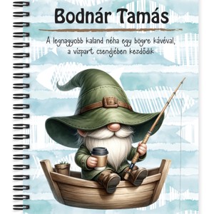 Személyre szabható - Csónakos horgász manó és kávé mintás A6-os füzet, Otthon & Életmód, Papír, írószer, Jegyzetfüzet & Napló, , MESKA