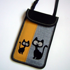Telefontok állíthatópántos mobiltok  2az1ben Cicás kistáska fekete-szürke-sárga #macskák - táska & tok - pénztárca & más tok - telefontok - Meska.hu