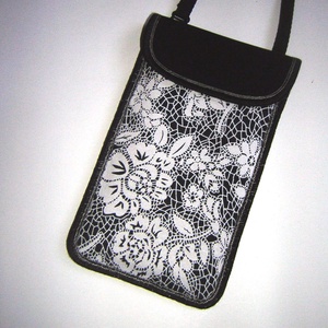 Csipkemintás mobiltok állítható pánttal XL telefon tartó Elegáns nyakbaakasztható kistáska Fekete Fehér - Meska.hu