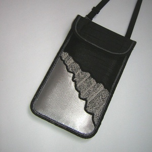Elegáns Mobiltok állítható pánttal  XL telefon tartó  oldaltáska 2in1 kistáska fekete-ezüstös-szürke - Meska.hu