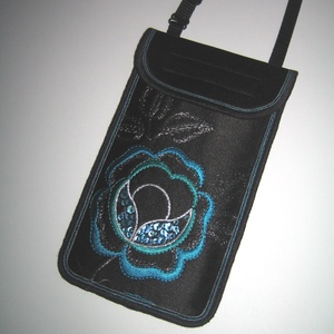 Elegáns mobiltok állíthatópántos 2in1 kistáska Fekete türkiz hímzéssel #telefontok - Meska.hu