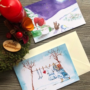 Karácsonyi képeslapok - Egyedi akvarell képekkel, Karácsony, Karácsonyi ajándékozás, Karácsonyi képeslap, üdvözlőlap, ajándékkísérő, Festészet, Fotó, grafika, rajz, illusztráció, MESKA