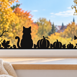 Macska és tökök � őszi fekete ablakmatrica ágakkal és falevelekkel, Otthon & Életmód, Dekoráció, Halloween, Halloweeni dekoráció, Fotó, grafika, rajz, illusztráció, MESKA