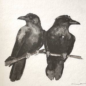 Eredeti akvarell varjú pár festmény, kerettel, Művészet, Festmény, Akvarell, Festészet, MESKA