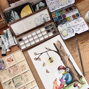 Kislány rókával az őszi erdőben - művészet - festmény - akvarell - Meska.hu