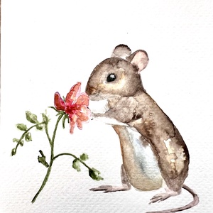 Eredeti akvarell festmény, egér virággal, Művészet, Festmény, Akvarell, Festészet, MESKA