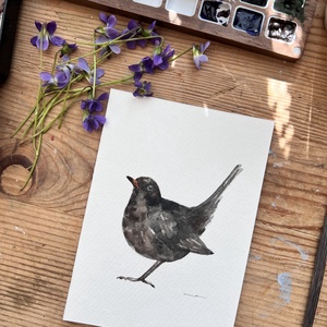 Eredeti akvarell feketerigó madár festmény - művészet - festmény - akvarell - Meska.hu