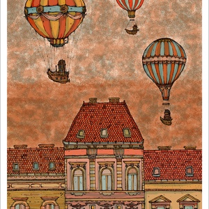 Léghajók Budapest felett -  számozott művészi nyomat, print, saját grafikámról, A4 méretben - művészet - grafika & illusztráció - Meska.hu
