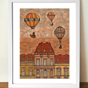Léghajók Budapest felett -  számozott művészi nyomat, print, saját grafikámról, A4 méretben - művészet - grafika & illusztráció - Meska.hu