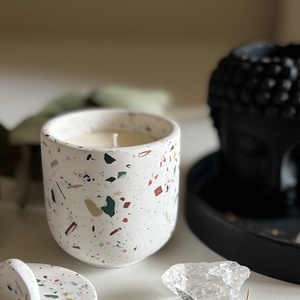 Molan terrazzo kicsi gyertya tégely, újratölthető szójagyertyával, Otthon & Életmód, Gyertya, illat, aroma, Gyertya, Gyertya-, mécseskészítés, MESKA