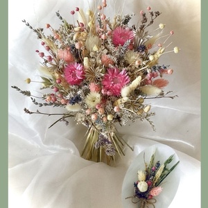 �BOHO-BABY-PINKSZETT-Menyasszonyi Csokor-Szárazvirág Csokor+Vőlegény Kitűző-  - Meska.hu