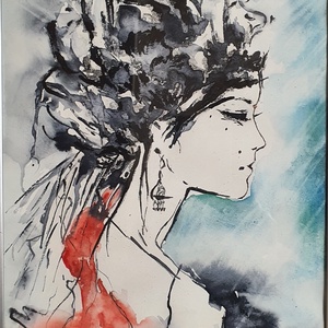 Woman in Red Dress -  Nő vörös ruhában 2., Művészet, Festmény, Akvarell, Festészet, Meska