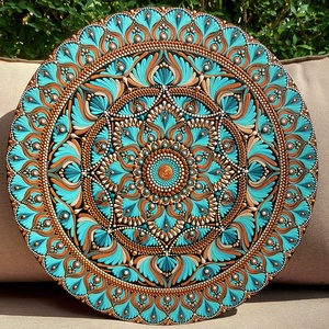 45 cm-es  türkízes-bézses-barnás mandala, Otthon & Életmód, Dekoráció, Spiritualitás, Mandala, Festészet, Festett tárgyak, MESKA