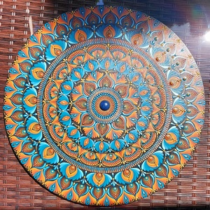 50 cm-es Kék-narancs mandala, Otthon & Életmód, Dekoráció, Spiritualitás, Mandala, Festészet, Festett tárgyak, MESKA