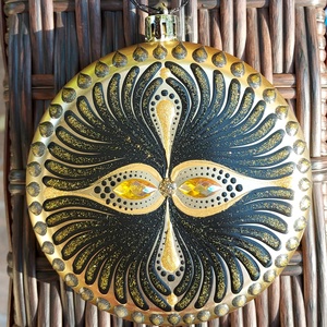 Kézzel festett, egyedi karácsonyfadísz mandala mintával, arany-fekete  színben  1 db, Otthon & Életmód, Dekoráció, Spiritualitás, Mandala, Festészet, Festett tárgyak, MESKA