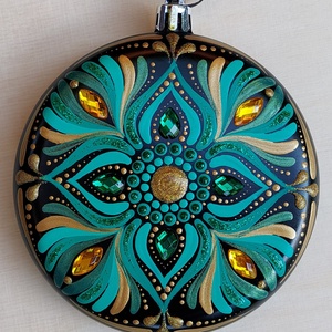 Kézzel festett, egyedi karácsonyfadísz mandala mintával, türkíz zöldes és arany színekkel  1 db - otthon & életmód - dekoráció - spiritualitás - mandala - Meska.hu