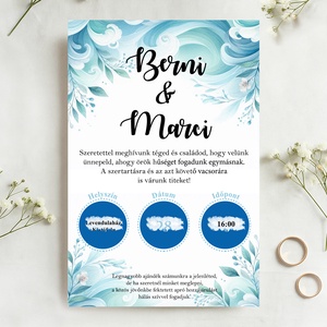 Kaparós esküvői meghívó hullámzó mintával, viaszpecséttel zárható, kézzel nyomdázott borítékkal, kék - Meska.hu