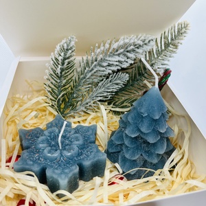 Kék karácsonyi gyertyaszett  karácsonyfa és hópehely, csillámos díszítéssel, Otthon & Életmód, Gyertya, illat, aroma, Gyertya, Gyertya-, mécseskészítés, MESKA