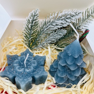 Kék karácsonyi gyertyaszett  karácsonyfa és hópehely, csillámos díszítéssel - otthon & életmód - gyertya, illat, aroma - gyertya - Meska.hu